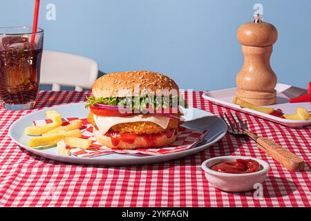 Nahaufnahme eines herzhaften Hühnerburgers mit Salat, Tomate und Käse, auf einem roten, rotem Karomuster-Tisch mit Pommes und Ketchup Stockfoto