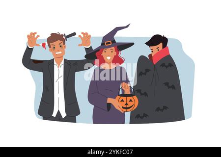 Menschen in halloween-Kostümen machen bedrohliche Blicke, um Freunde zu erschrecken, die den 31. oktober feiern Stock Vektor