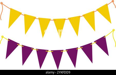 Festliche dreieckige Wimpelgirlanden am Seil in trendigem Gelb und Violett. Geburtstag oder Halloween Party. Isolierte Vektor-Illustration Gruß- oder Einladungskarten, Faltblatt, Banner oder Web-Promo, Post, Tag Stock Vektor
