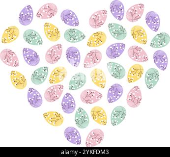 Gemusterte Ostereier in Herzform. Gruß- oder Kartendekoration Designelement oder Hintergrundstruktur. Isolierte Vektor-Illustration Thematische Karten, Blogs und Poster, Banner, Flugblätter, Tag oder Web-Werbeaktion Stock Vektor