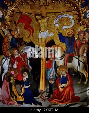 Retaule de Sant Miquel - Altar des heiligen Michael 1416 von Lluis Borrassà 1365-1425 15. Jahrhundert, Girona Fine Art Museum, Spanien, Spanisch, ( St. Michael , besiegend, Satan, Erzengel Michael stehend auf Satans Rücken, mit seinem rechten Fuß, während er einen Speer in der Hand hält, Devel, St. Michael, Erzengel, Verteidiger, der Kirche, Hauptgegner von Satan, und hilft Menschen in der Stunde des Todes, ) Stockfoto