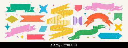 Banner und Formen im Retro-Stil mit Band im rauen rustikalen Stil. Handgezeichnete, strukturierte Vintage-Abzeichen, Banner, Flaggen und andere Designelemente. Handgezeichnet Stock Vektor