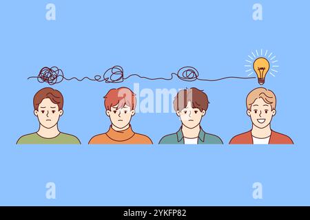 Mehrere Männer arbeiten zusammen und organisieren chaotische Gedanken in Form einer Glühbirne über den Köpfen. Teams arbeiten Brainstorming und entwickeln Ideen, um ein ideales und innovatives Produkt zu erhalten Stock Vektor