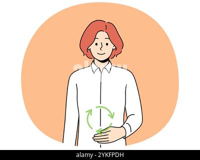 Frau mit Symbol der Verdauung in der Nähe des Magens, lächelnd und auf den Bildschirm schauend, empfahl, sich um den Magen-Darm-Trakt zu kümmern. Konzept der Verdauung und intestinalen Mikrobiota Stock Vektor