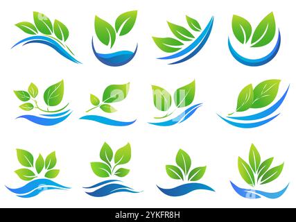 Set mit naturbelassenen Logos mit grünen Blättern und blauen wellenartigen Formen auf weißem Hintergrund. Designs stellen Konzepte der Gartenarbeit dar, hydroponisch Stock Vektor