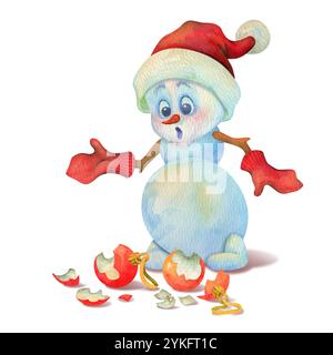 Handgezeichneter Cartoon trauriger Schneemann sieht verwirrt an den zerbrochenen Weihnachtsbaumschmuck aus. Winterkinder emotionaler Charakter. Lustiges Clipart mit Aquarellen Stockfoto