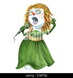 Schneemannfigur für Weihnachten. Aquarell isoliert wunderschöner Diva Schneemänner Sänger in langem grünen Kleid und Lametta Perücke. Winterfestliches Clipart Stockfoto