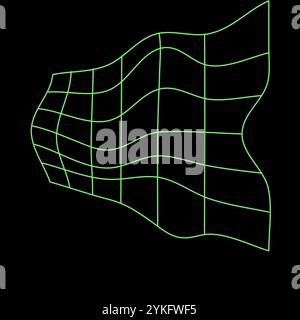 Y2K-Vektor-Rave psychedelisch futuristisches Objekt welliges Raster im trendigen Neongrün-schwarzen Stil. Surreale abstrakte geometrische Drahtmodellformen im Retro-Look, Krypto oder Stock Vektor
