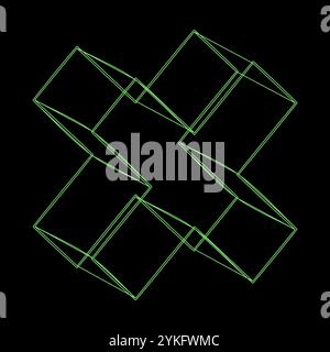 Y2K-Vektor-Rave psychedelisch futuristisch Objekt komplexe Form Kreuz in trendigem Neongrün Schwarz Stil. Surreale abstrakte geometrische Drahtmodellformen im Retro-Look Stock Vektor
