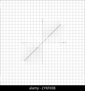 Abbildung der diagonalen Linie am Schnittpunkt der Achsen auf Notizbuchbogen aus kariertem Papier. Schulpapierbogen in einem Käfig mit mathematischer Zeichnung von d Stock Vektor