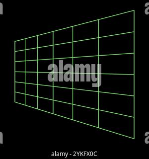 Y2K-Vektor-Rave psychedelisch futuristisches Objektraster mit Illusion von Tiefe in trendigem Neongrün-Schwarz-Stil. Surreales abstraktes geometrisches Drahtmodell im Retro-Stil Stock Vektor