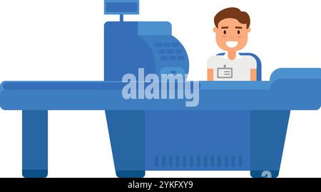 Der Kassierer des Ladens sitzt an der Kasse und wartet auf Kunden. Kassenarbeitsplatz im Supermarkt. Einfacher Vektor in flacher Form, isoliert auf weißem Hintergrund Stock Vektor