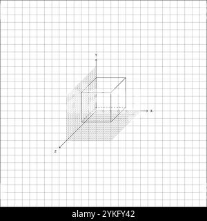 Bild eines Cubes, der auf einem isometrischen Koordinatenraster auf einem Notizbuchblatt aus kariertem Papier aufgebaut ist. Schulpapierbogen in einem Käfig mit mathematischer Zeichnung Stock Vektor