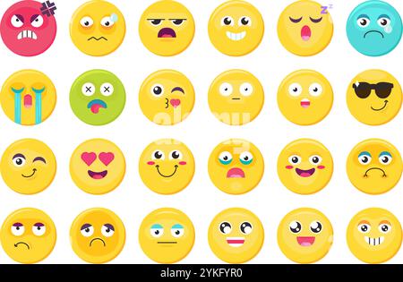 Verschiedene Gesichtsausdrücke buntes Emoji-Symbol-Set, glücklich, traurig, wütend, küssen, schläfrig, Liebe, Weinen, gelangweilt, überrascht. Lustiger Vektoraufkleber, soziale mich Stock Vektor