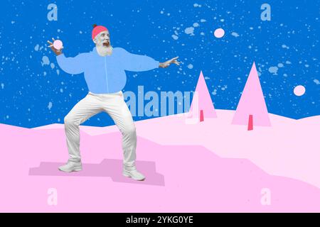Kreative Malerei Collage Bild Bild von funky lustigen alten Mann viel Spaß im Winter draußen spielen Schneebälle Stockfoto
