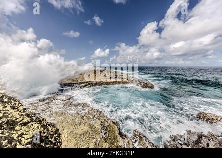 Boka Pistol ist eine kleine felsige Bucht, in der normale Wellen mit einem Knall einen hohen Sprühbrunnen erzeugen. Weg Zonder Naam, Sabana Westpunt, Curacao, Kòrsou Stockfoto