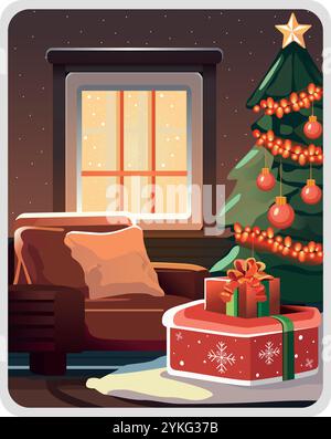 Festlicher, warmer Raum mit Geschenken und Schnee Stock Vektor