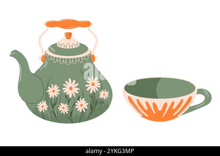 Grüne Vintage-Teekanne und -Tasse mit floralem Gänseblümchen- und Blattdekor in flachem Stil. Ideal für rustikale Küchendekoration, Retro-Design und gemütliche Teezeit Stock Vektor