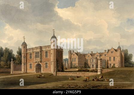 Charlecote Park, ein prachtvolles Landhaus aus dem 16. Jahrhundert, umgeben von einem eigenen Wildpark, am Ufer des Flusses Avon in Charlecote bei Wellesbourne, südlich von Warwick in Warwickshire, England, Digital restaurierte Reproduktion eines Originals von John Buckler aus dem 19. Jahrhundert, Aufnahmedatum nicht angegeben, ein großes Landhaus aus dem 16. Jahrhundert, umgeben von einem eigenen Hirschpark, am Ufer des Flusses Avon in Charlecote nahe Wellesbourne, südlich von Warwick in Warwickshire, digital restaurierte Reproduktion eines Originals aus dem 19. Jahrhundert, Datum des Aufzeichnungen nicht angegeben Stockfoto