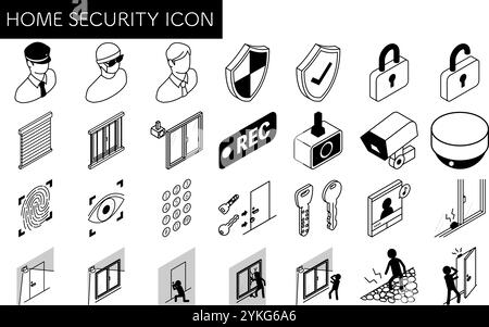 Isometrische Illustration eines Schwarzweiß-Symbols der Kriminalprävention und der Sicherheit zu Hause, Vektor-Illustration Stock Vektor