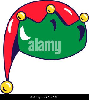 Vektor-Grafik-Illustration von Elfenhut mit Glocken im Cartoon-Stil. Kopfbedeckung für Party oder Karneval. Die Ikone ist perfekt für Webdesign und dekorative Elemente Stock Vektor