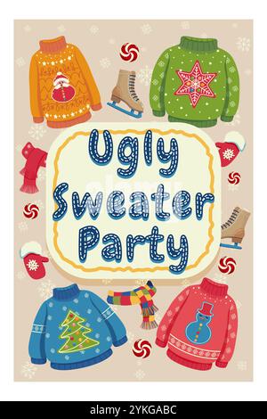 Festliche hässliche Pullover-Party-Illustration mit weihnachtlichen Pullover, Tüchern, Fäustlingen, Schlittschuhen und Schneeflocken auf beigefarbenem Hintergrund Stock Vektor