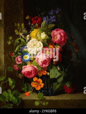 Stillleben mit Blumen in einer blauen Kristallvase, Gemälde von Josef Lauer (1818 - 1881), österreichischer Stilllebenmaler, der in der Biedermeier-Zeit arbeitete, unter anderem historische, digital restaurierte Reproduktion eines Originals aus dem 19. Jahrhundert, Rekorddatum nicht angegeben, Stillleben mit Blumen in einer blauen Kristallvase, Gemälde von Josef Lauer (1818 - 1881), österreichischer Stilllebenmaler, der unter anderem in der Biedererzeit wirkte, Historisch restauriaus 19. Jahrhundert Stockfoto