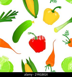Nahtloses Gemüsemuster. Kohl, Zuckermais, Karotte, Gurke, Lauch, Paprika auf weißem Hintergrund. Flache Abbildung. Stock Vektor