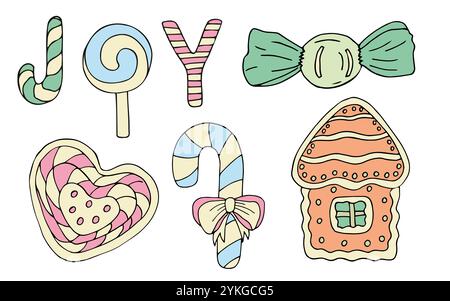 Urlaubsset mit bunten Süßigkeiten Lutscher, Süßigkeiten, Lebkuchenhaus, fröhlicher Inschrift. Grafiken, handgefertigt. Für Karten, Geschenkseiten, Kinderbücher, Stock Vektor