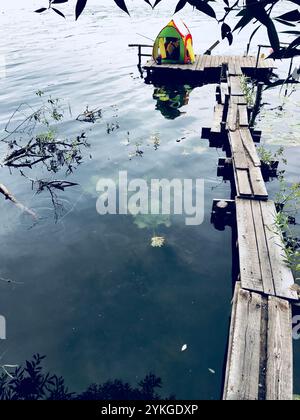 Ein lebhaftes Zelt liegt auf einem rustikalen Holzpier, der sich in einen ruhigen See erstreckt. Umgeben von Wasser, Pflanzen und einer friedlichen Atmosphäre spiegelt es Ruhe wider Stockfoto