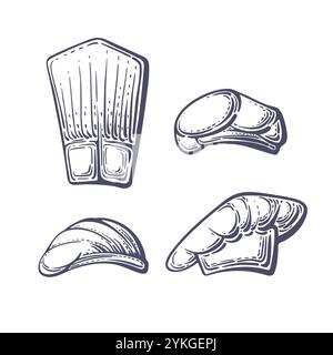 Skizzenset für Küchenhelme. Vektor-Kochkappen isoliert auf weißem Hintergrund. Grafische Abbildung. Restaurant Café Uniform des Küchenpersonals Stock Vektor