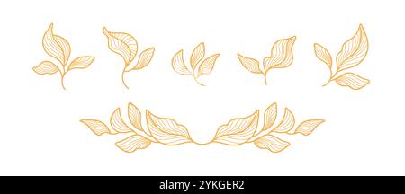 Goldene Blätter, Vektorlinien-Sammlung. Art déco-Set. Einfache Vintage-Illustration, Natursymbol Stock Vektor
