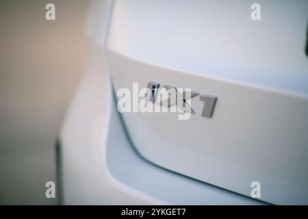 Izmir, Türkei - 11. November 2024: Nahaufnahme des BMW IX1 Emblems auf dem Heck des elektrischen SUV eDrive, das sein modernes Design und seine Markendarstellung unterstreicht Stockfoto