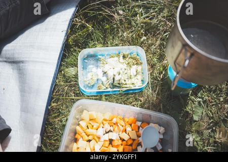 Nahaufnahme von frisch gehacktem Gemüse in einem Behälter, der für das Kochen im Freien vorbereitet wird. Eine lebendige Mischung aus Karotten, Kartoffeln und Sellerie, perfekt für eine Cam Stockfoto