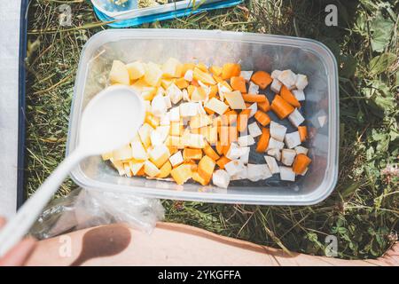 Nahaufnahme von frisch gehacktem Gemüse in einem Behälter, der für das Kochen im Freien vorbereitet wird. Eine lebendige Mischung aus Karotten, Kartoffeln und Sellerie, perfekt für eine Cam Stockfoto