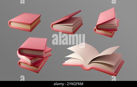 Satz von 3D-Vektorabbildungen von pinkfarbenen Büchern in verschiedenen Positionen gestapelt, geöffnet und geschlossen. Perfekt für Bildung, Lesen, Literatur, Bibliothek Stock Vektor