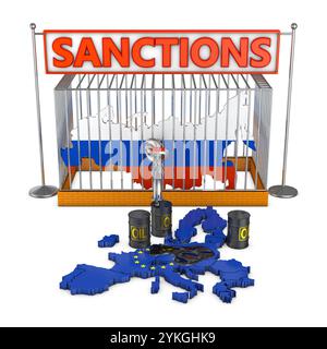 Volumetrische Karte von Russland in einem Käfig mit einem Rohr, aus dem Öl fließt auf eine Karte der Europäischen Union Nahaufnahme. 3D-Rendering. Stockfoto