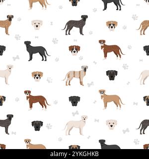 Nahtloses Boxan-Muster. Boxerhund Great Dane Mix. Verschiedene Fellfarben eingestellt. Vektorabbildung Stock Vektor