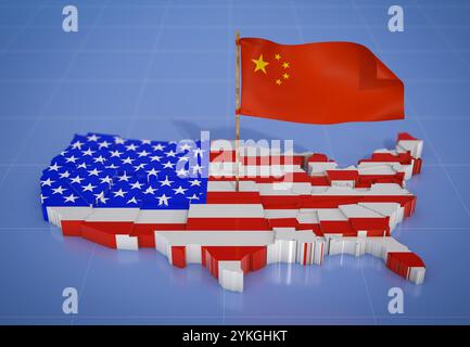 Volumetrische Karte der USA und schwenkende Flagge von China Nahaufnahme. 3D-Rendering. Stockfoto