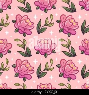 Wunderschönes rosafarbenes Kawaii-Blumenmuster, wunderschön mit leuchtend grünen Blättern verziert. Für Tapeten, Stoff, Verpackung, Hintergrund. Stock Vektor
