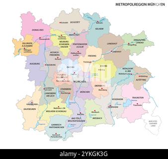 Administrative Vektorkarte der Metropolregion München, Bayern, Deutschland Stockfoto