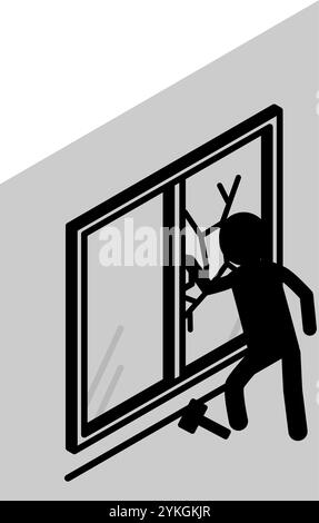 Verdächtige Person bricht ein, indem sie Fenster mit Hammer, Kriminalprävention und Home Security einschlägt Schwarz-weiß-Isometrisches Symbol, Vektor-Illustration Stock Vektor