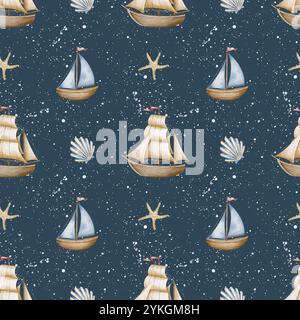 Aquarell nahtloses Muster mit Schiffen und Segelbooten auf dunkelblauem Hintergrund. Nautische Kulisse mit kindlichem Segelboot für Babytextilien oder Kinderzimmer-Tapeten. Verzierung für Geschenkpapier. Stockfoto