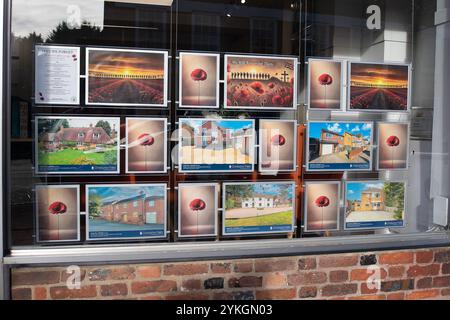 November 2024. Tag des Waffenstillstands in Wendover, Buckinghamshire. Mohnbilder im Fenster eines Immobilienmaklers. Kredit: Maureen McLean/Alamy Stockfoto