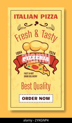 Italienische Pizza. Frisches und leckeres Fastfood. Beste Qualität. Abdeckung der Pizzeria-Speisekarte. Vertikales Banner. Druck- oder Wandbilder für die Küche. Café oder Restaurant Stock Vektor