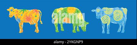 Kuh kritzeln. Süßes Milchvieh, Haustier auf dem Bauernhof. Glückliche Milchgrafik, abstrakte, lustige Kalbfigur. Farbenfrohe, handgezeichnete, zeitgenössische Mama Stock Vektor