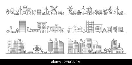 Ort der Linie. Kunstpanorama der Stadt, Stadt- oder Dorfstraße, kleiner ländlicher Bauernhof. Lineare städtische Fabrik, Umrissumgebung, Auto oder Parkplatz. Wolkenkratzer und gewinnen Stock Vektor