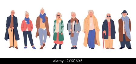 Alte Person. Senior Happy man Woman, Happy Fashion Reife Gruppe. Großmutter, lässiger Opa Freund, zeitgenössische Charaktere in moderner Kleidung stehen. Stock Vektor