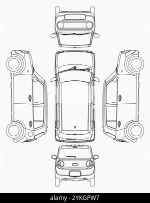 Bauplan für Kleinwagen. Leere Vorlage für Kompaktfahrzeuge für Branding oder Werbung. Stock Vektor