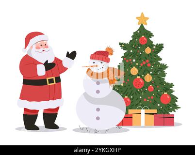 Weihnachtsmann mit Schneemann und Weihnachtsbaum festliche Szene mit Geschenken Schneemann im Schal und Hut verzierte Baum mit Ornamenten Weihnachtsmotiv Stock Vektor